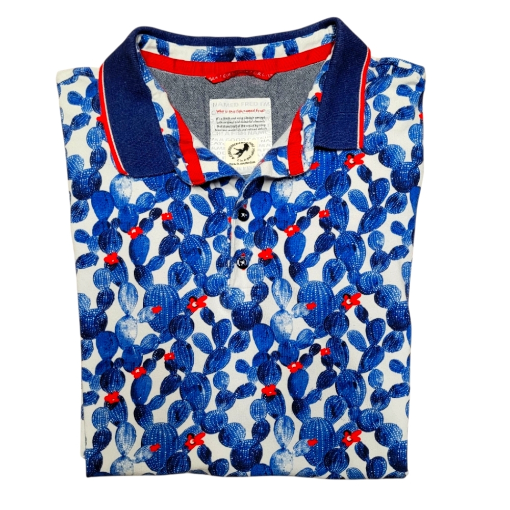 A Fish Named Fred Blue Cactus Polo Shirt Sz M